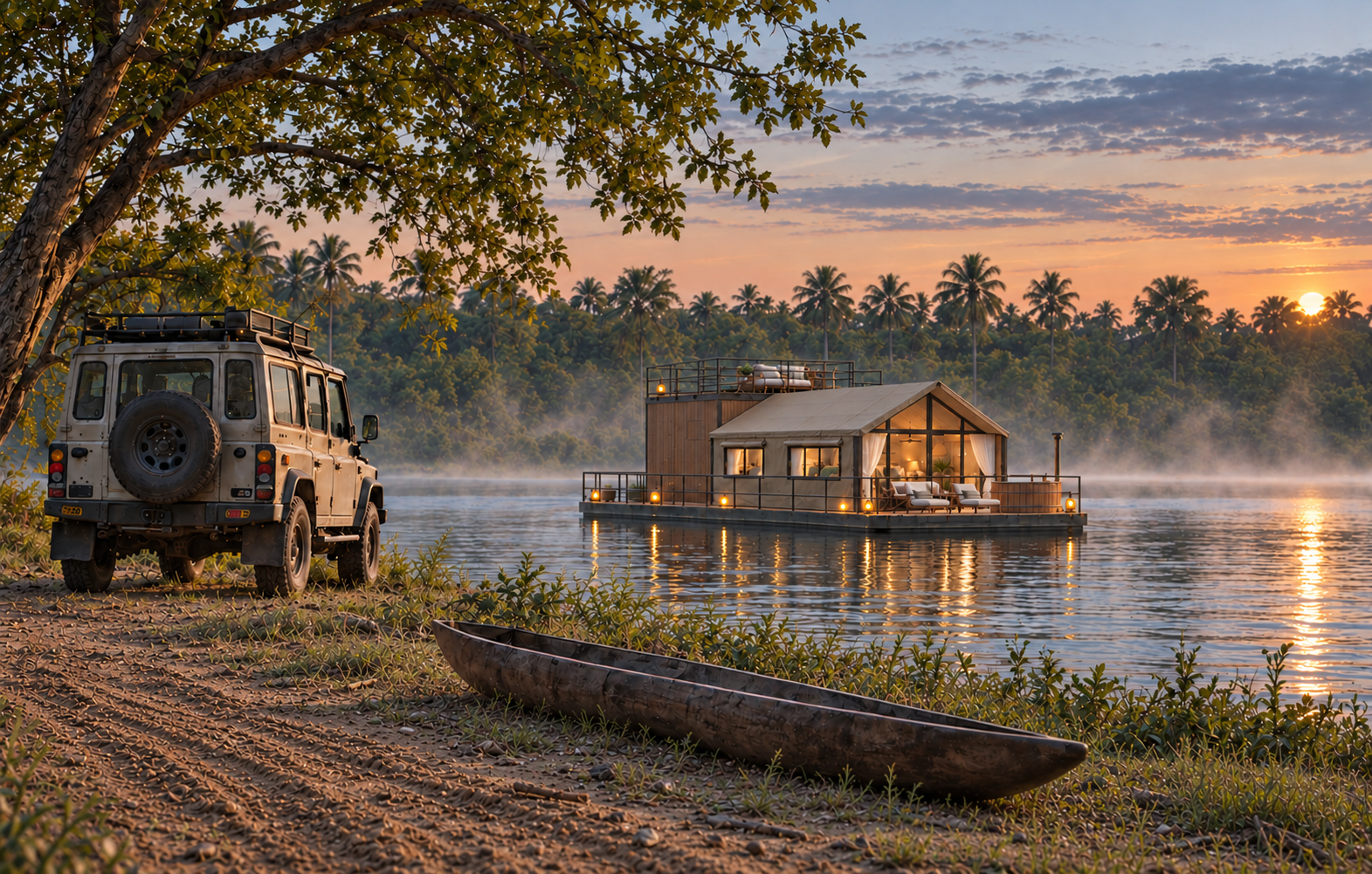 Zambezi Sol houseboat seen from the riverbank, with a safari vehicle and canoe in the foreground