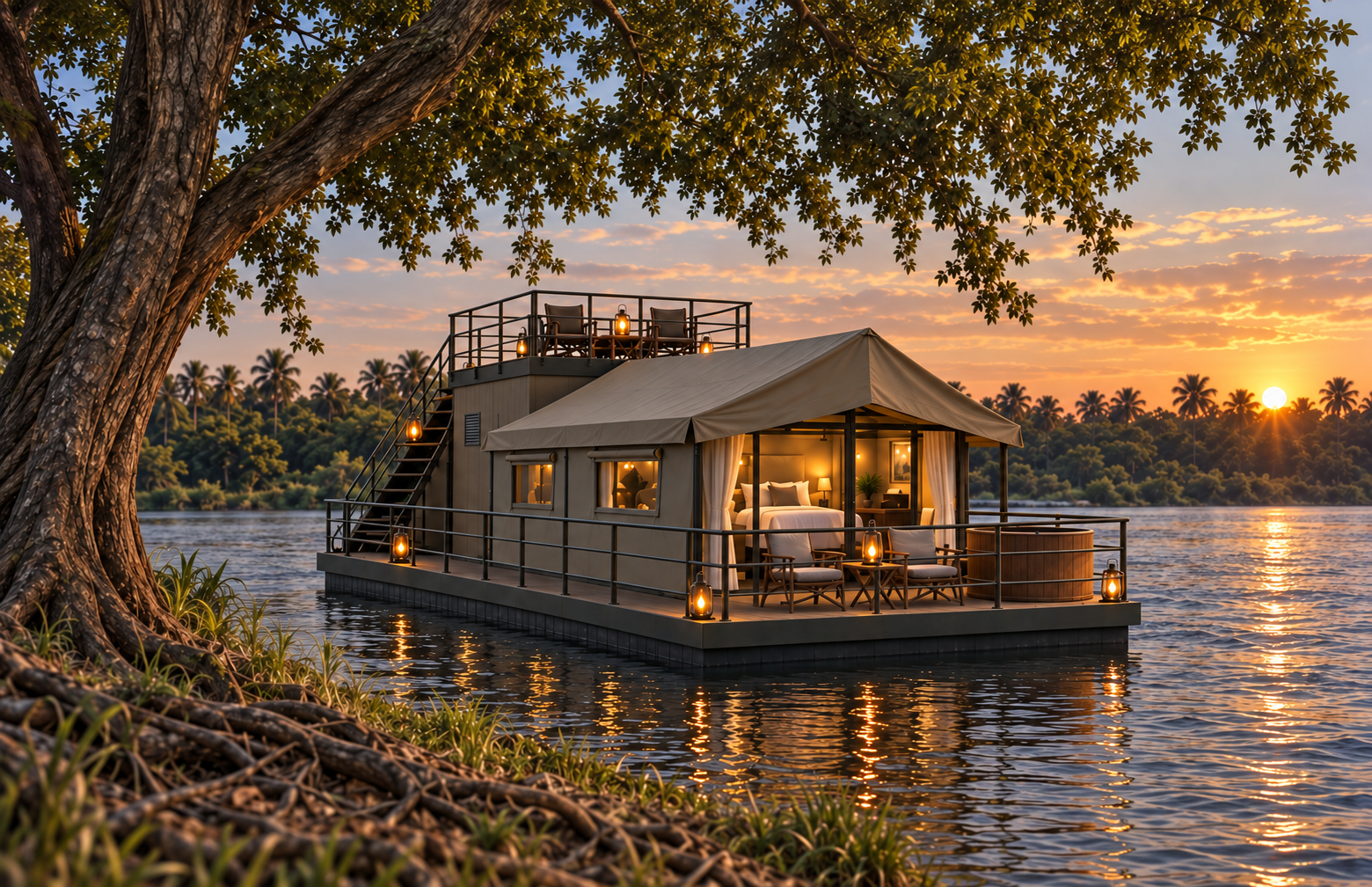 Latest exterior rendering of Zambezi Sol beside the riverbank at sunset