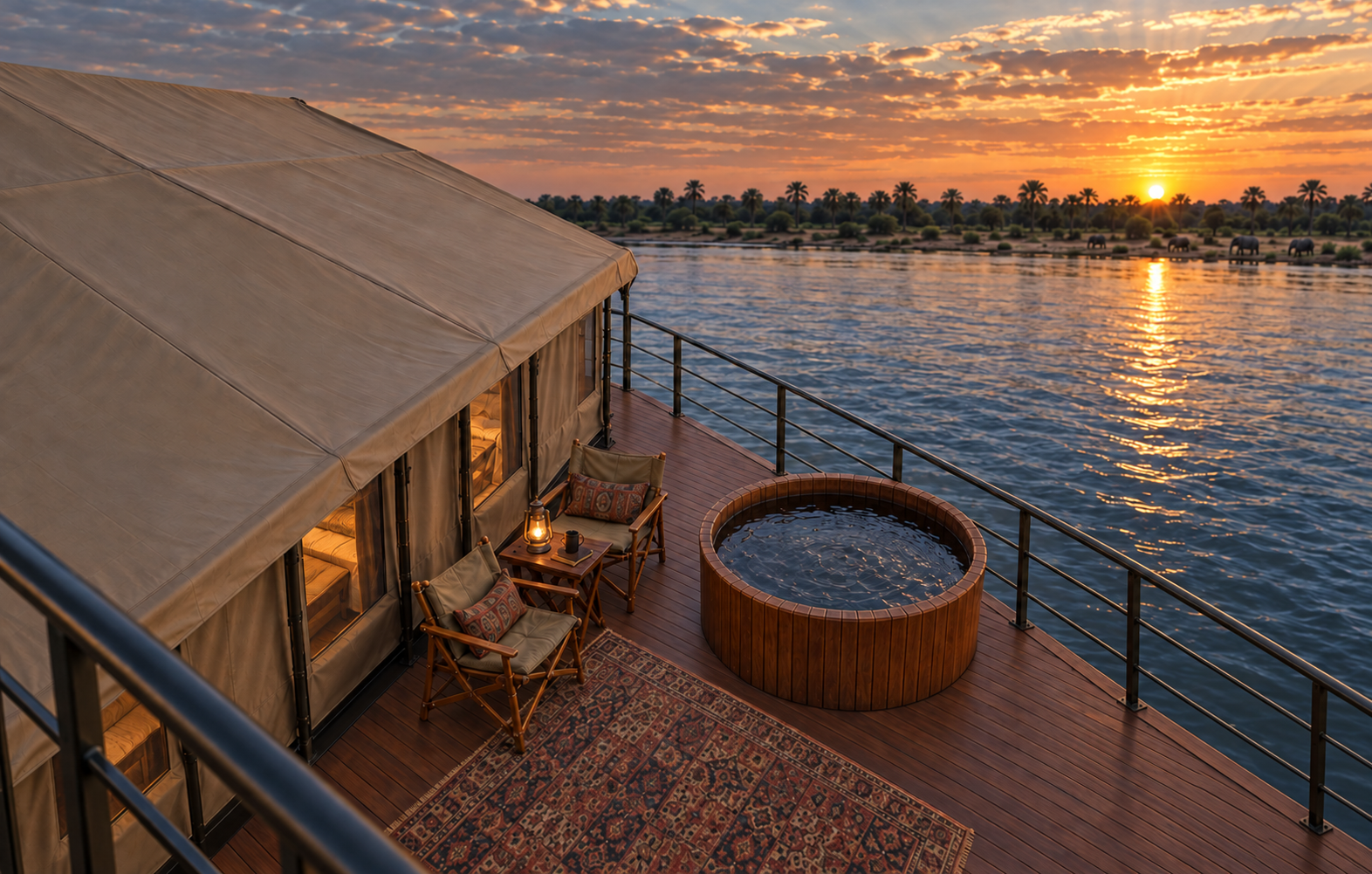Private soaking tub and seating on the timber deck at sunset
