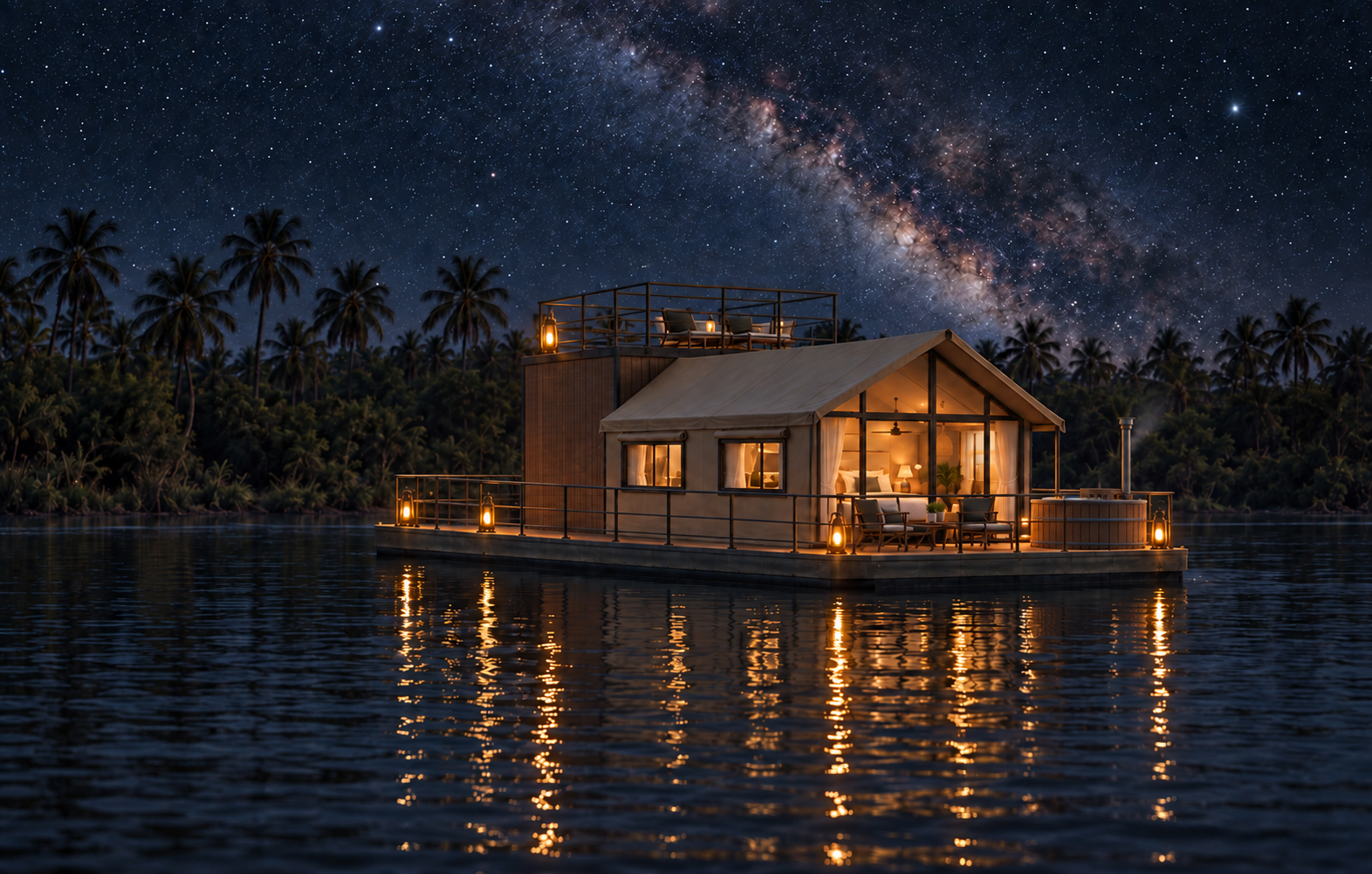 Approved Zambezi Sol exterior at night, showing the upper terrace and wood-fired tub