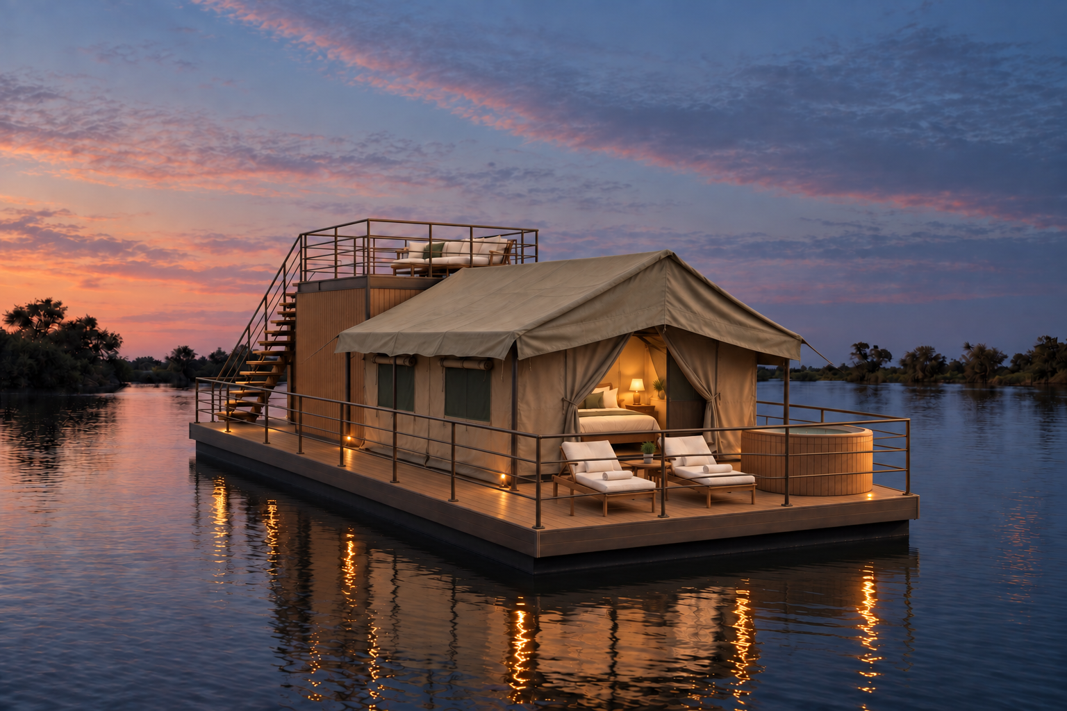 Tented Zambezi Sol cabin on its floating platform