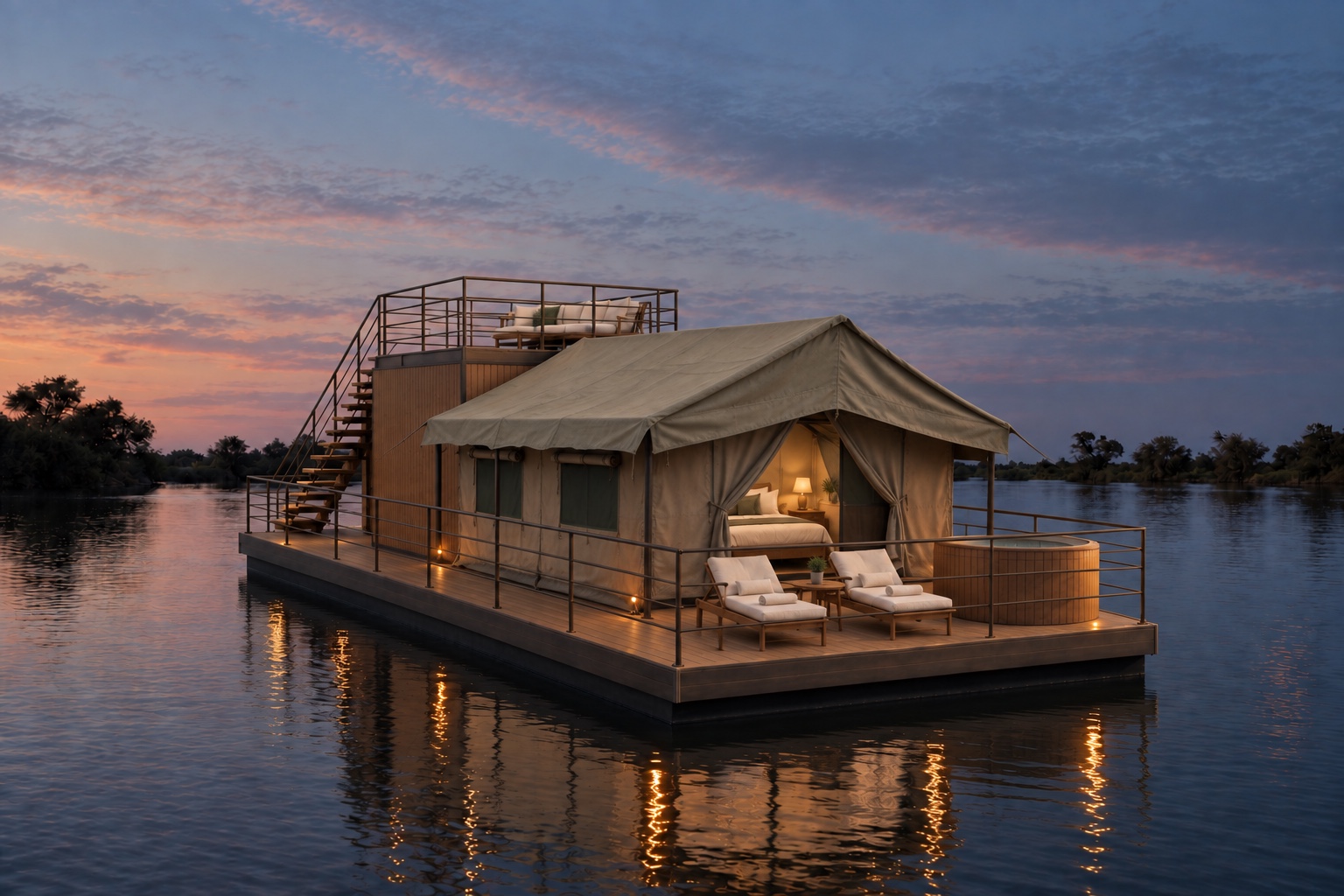 Tented Zambezi Sol cabin on its floating platform
